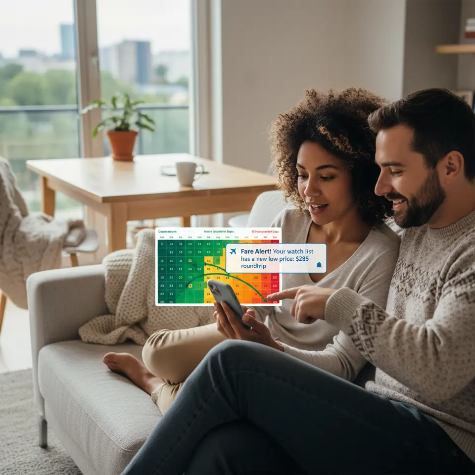 A stylized calendar heatmap showing flight prices over a range of departure and return dates, with the cheapest days highlighted in green, more expensive days in red, and a smartphone screen overlay displaying real-time fare alert notifications.
