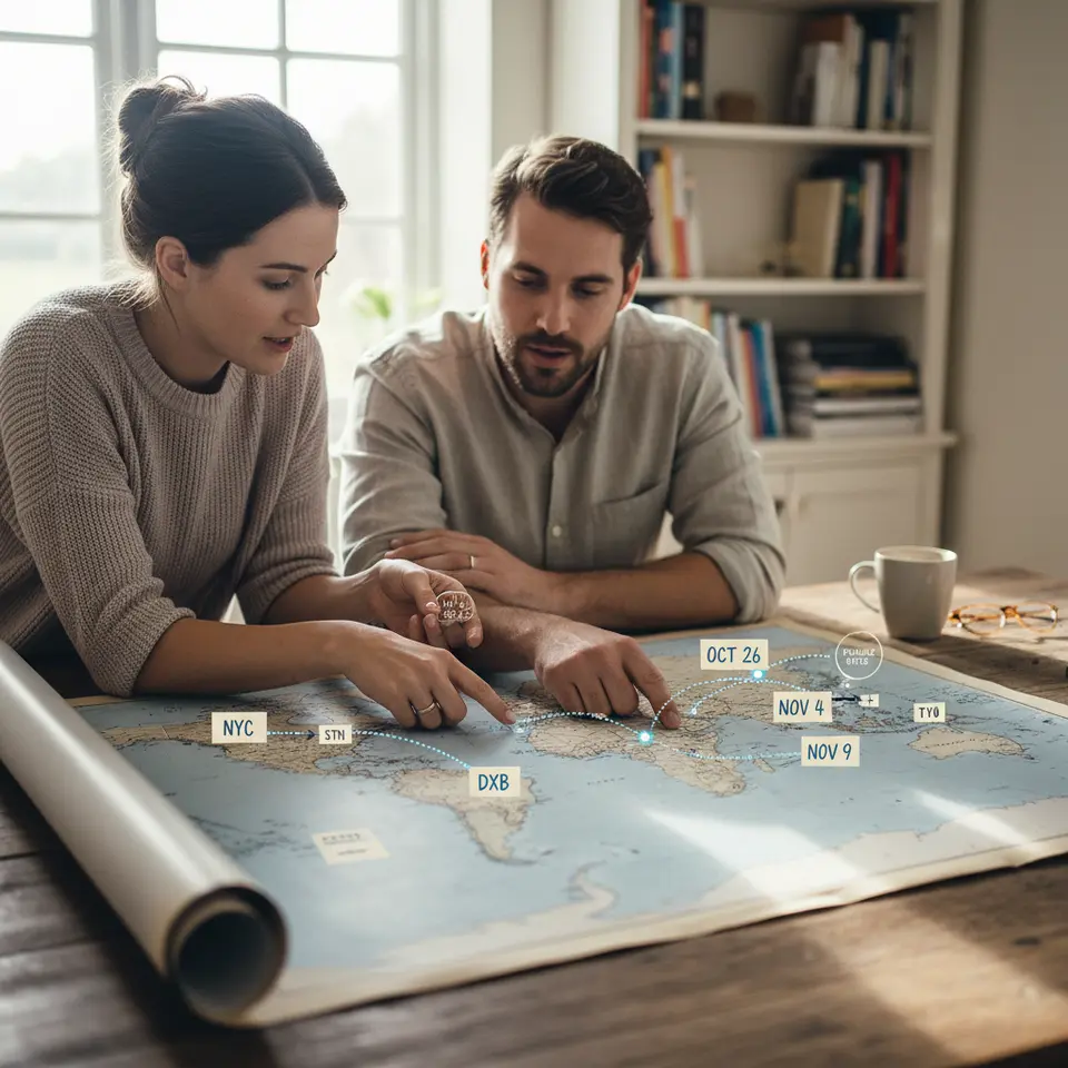 A world map view with a multi-city flight route traced in dotted lines connecting three or four major cities, date tags beside each stop, icons for nearby alternative airports, and flexible-date arrows indicating possible day-to-day schedule shifts.