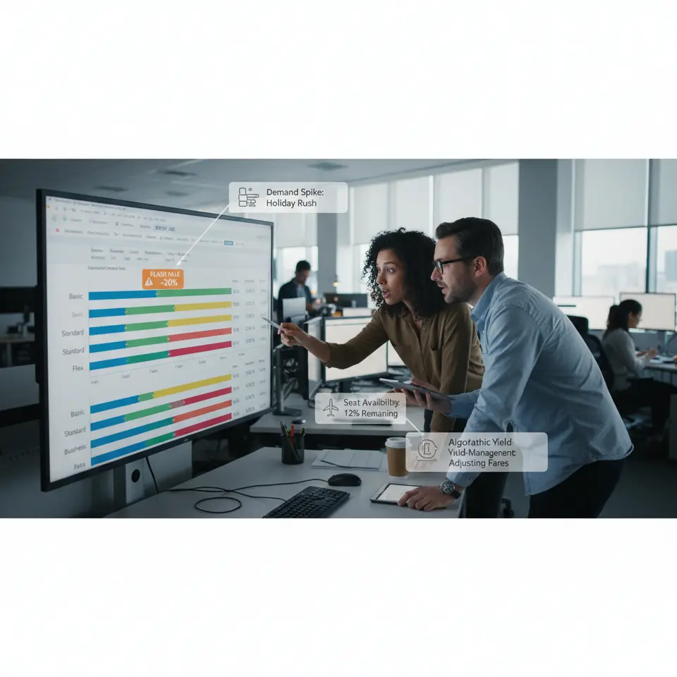 A dynamic pricing dashboard showing an airline’s fare buckets and real-time price fluctuations: stacked colored bars labeled “Basic,” “Standard,” “Flex,” and an alert icon indicating a sudden fare drop, with small infographic callouts explaining demand spikes, seat availability, and algorithmic yield-management adjustments.
