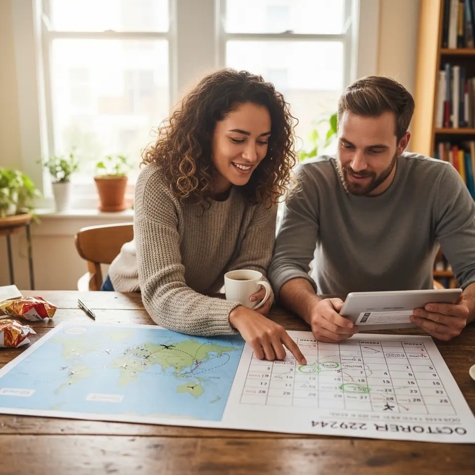 A travel planning map and calendar combo highlighting flexible options: a world map with primary and nearby secondary airports connected by dotted lines, alongside a monthly fare calendar with cheaper dates marked in green and arrows indicating one-way ticket combinations for open-jaw or multi-city itineraries.