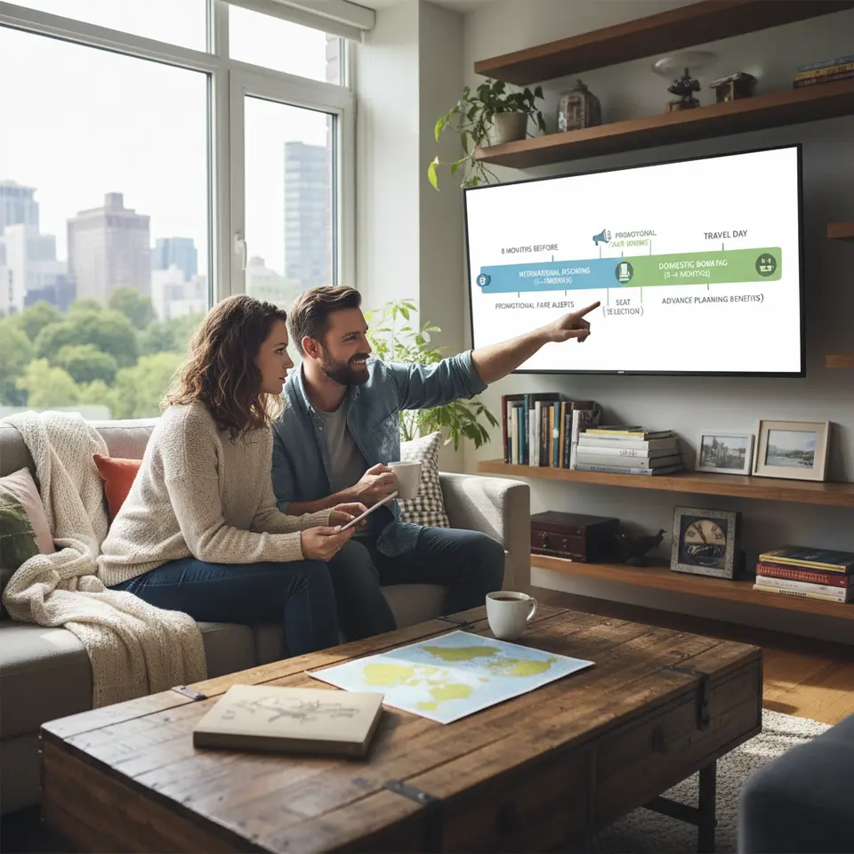 A stylized booking timeline graphic: a horizontal calendar bar stretching from eight months before departure to the day of travel, with colored zones marking the optimal domestic booking window (2–4 months) and international booking window (5–8 months), accented by icons for promotional fare alerts, seat selection, and seat-belt symbols to convey advance planning benefits.