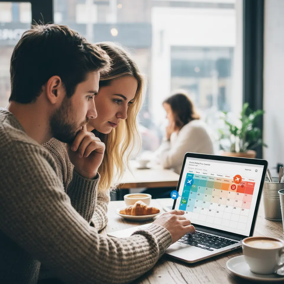 A flexible-dates price heatmap calendar: a month-view grid with each day shaded by airfare cost (cool blues for cheapest mid-week dates, warmer tones for pricier weekends/holidays), overlaid with pop-out icons illustrating alternative nearby airports (major hub vs. secondary field) and transport links (bus/train) to highlight savings through date and airport flexibility.